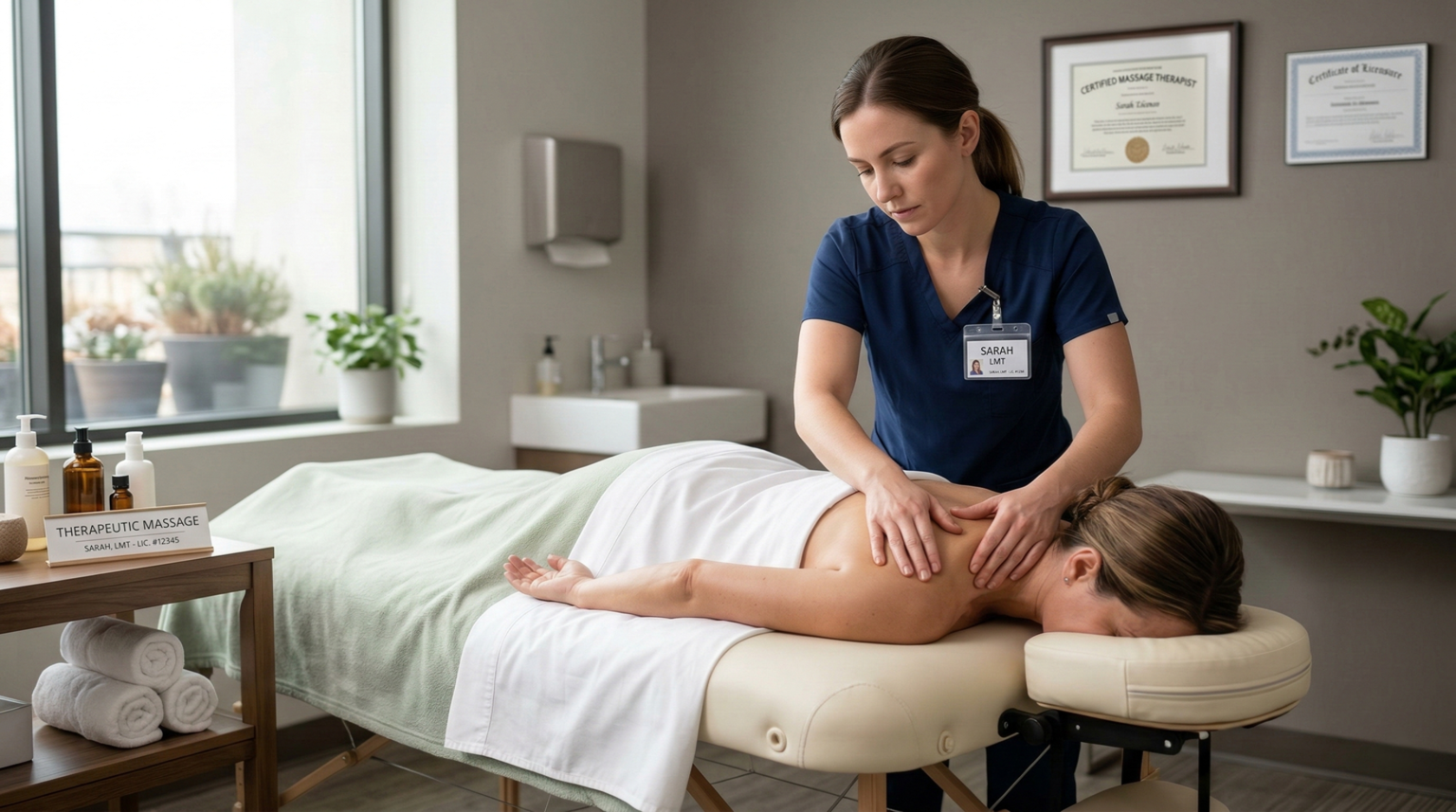 A licensed massage therapist performing a therapeutic massage on a client in a professional wellness clinic setting
