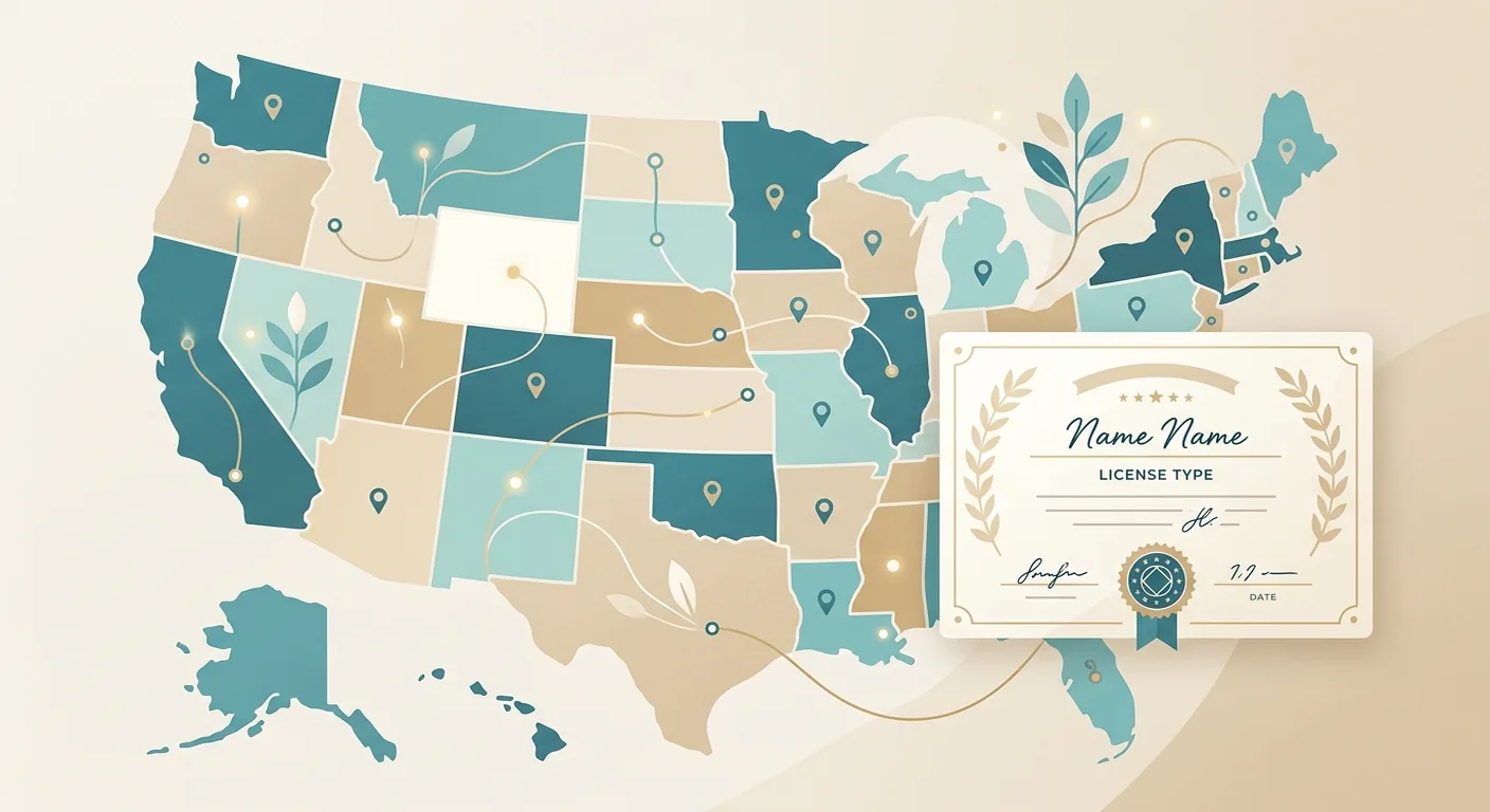 A United States map overlaid with a massage therapy license document, illustrating state-by-state licensing requirements