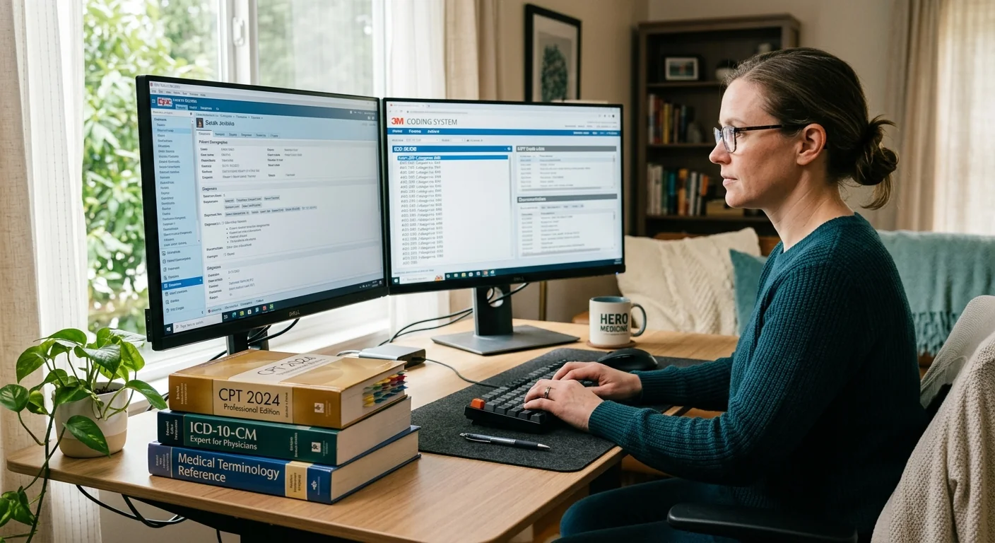 Medical records specialist working at a home office desk with dual monitors displaying patient records and coding reference materials