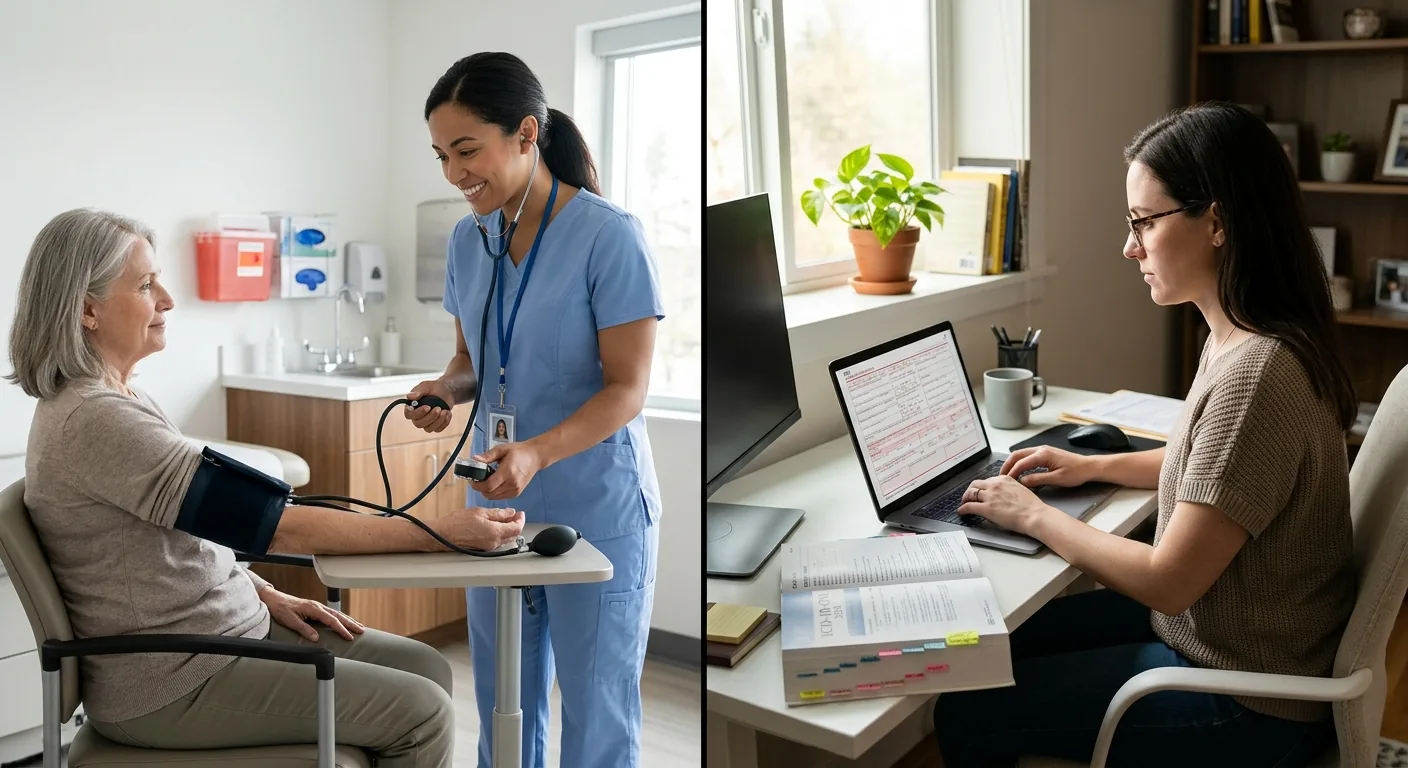 Split-screen showing a medical assistant taking a patient's blood pressure on the left and a medical coder reviewing claims on a laptop on the right