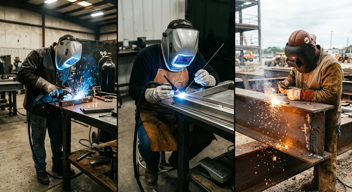 Three welders working with three different processes side by side: MIG welding on a workbench, TIG welding on stainless steel, and stick welding on outdoor structural steel
