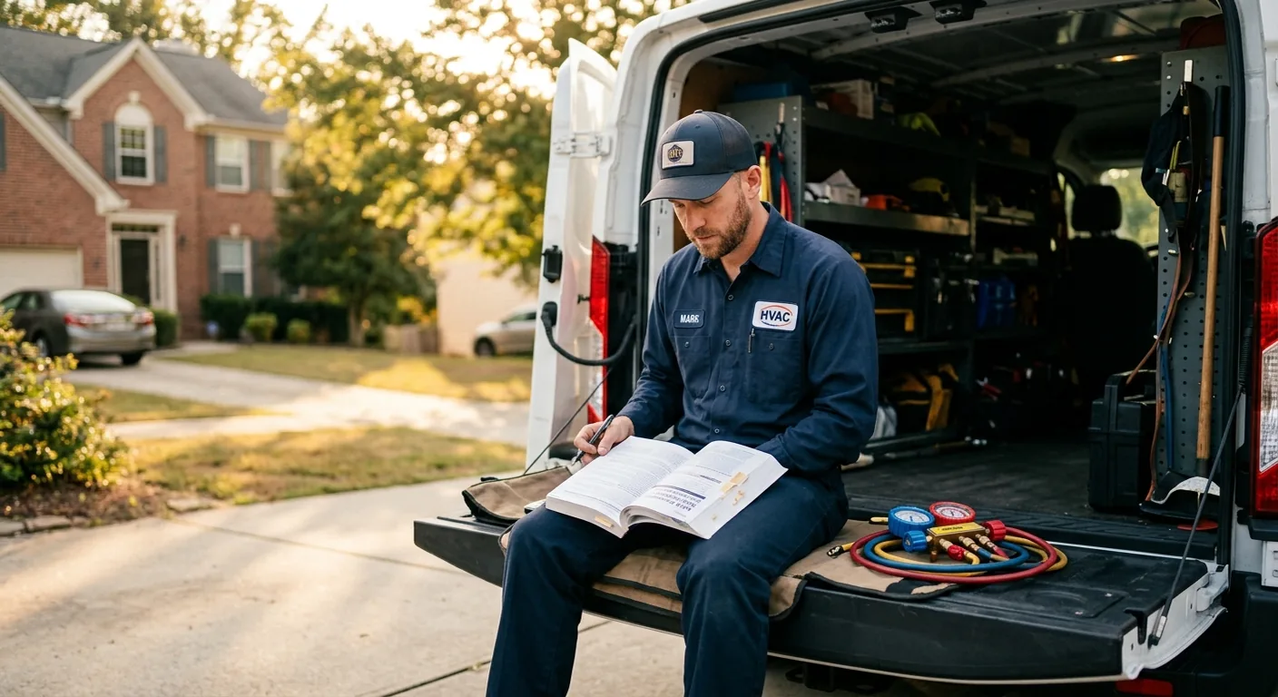 HVAC technician studying a service manual on the tailgate of a service van outside a residential job, with a NATE study guide and exam reference card visible