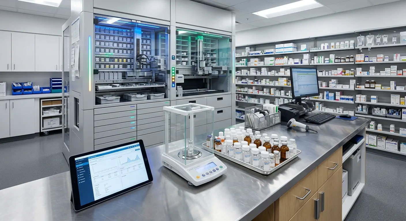 Wide-angle photograph of a modern hospital pharmacy workstation with clinical instruments and an automated dispensing system in the background