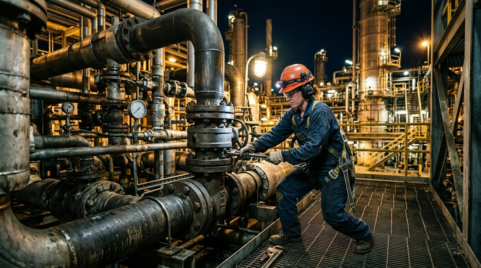 Pipefitter working on industrial pipe system