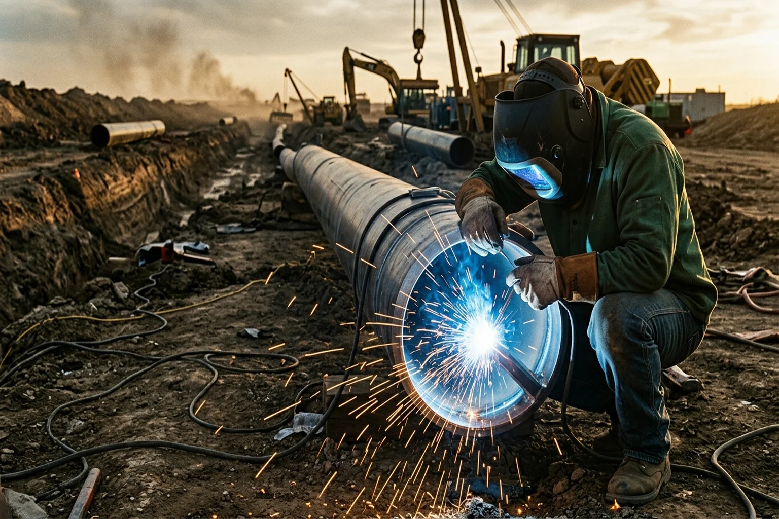 Pipeline welder striking an arc on a fixed-position pipe joint