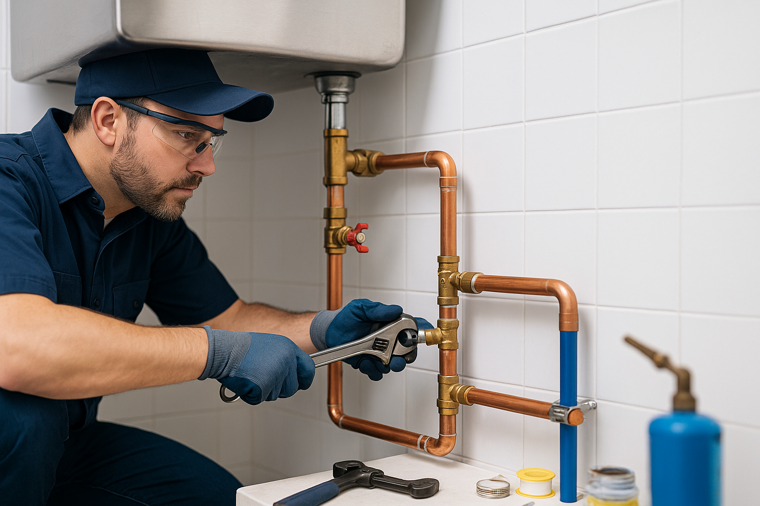 Professional plumber installing pipes and fixtures