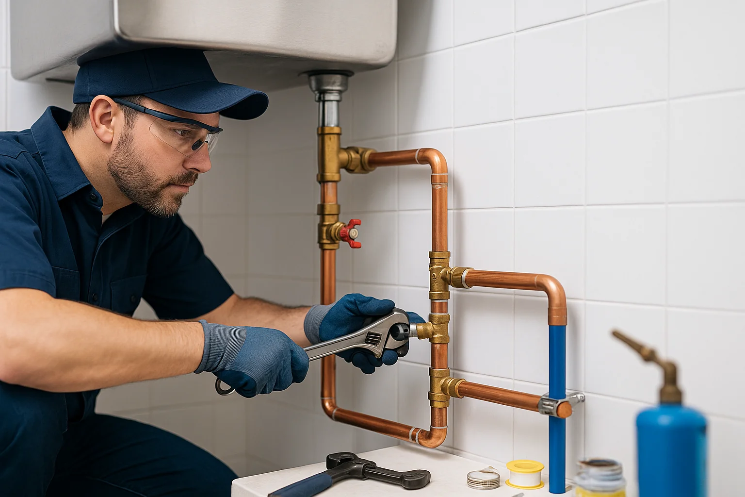 Plumber working on copper pipes