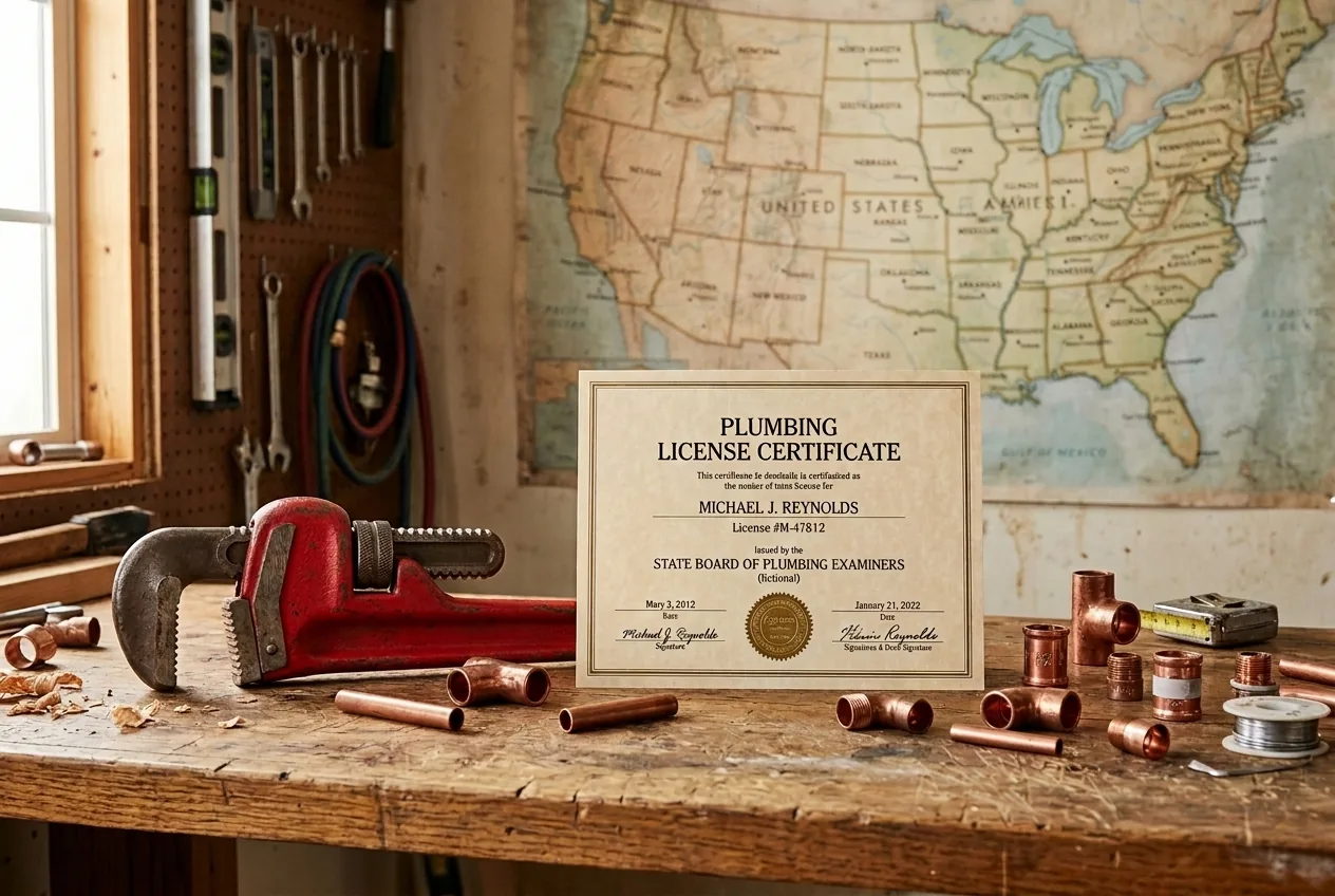 A journeyman plumber license and pipe wrench over a United States map, illustrating state-by-state plumbing license requirements