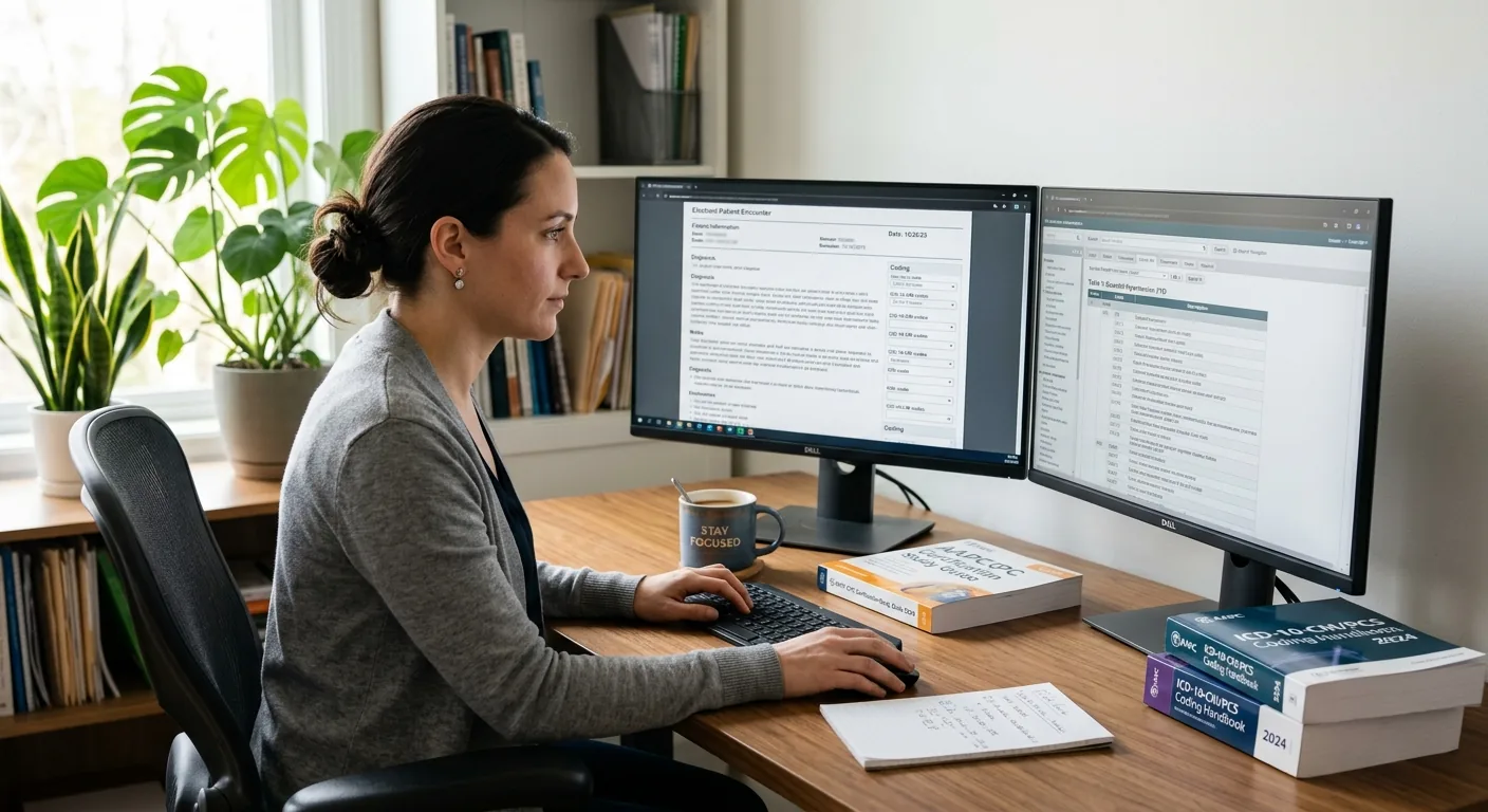 Medical coder working from a home office with dual monitors displaying a patient encounter and an ICD-10 reference, with a coffee mug and certification books on the desk