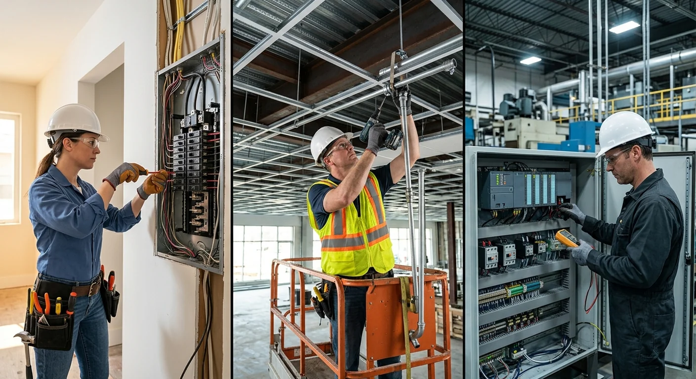 Three electricians at work — one wiring a residential panel, one running EMT conduit in a commercial building, and one troubleshooting a PLC cabinet in an industrial plant