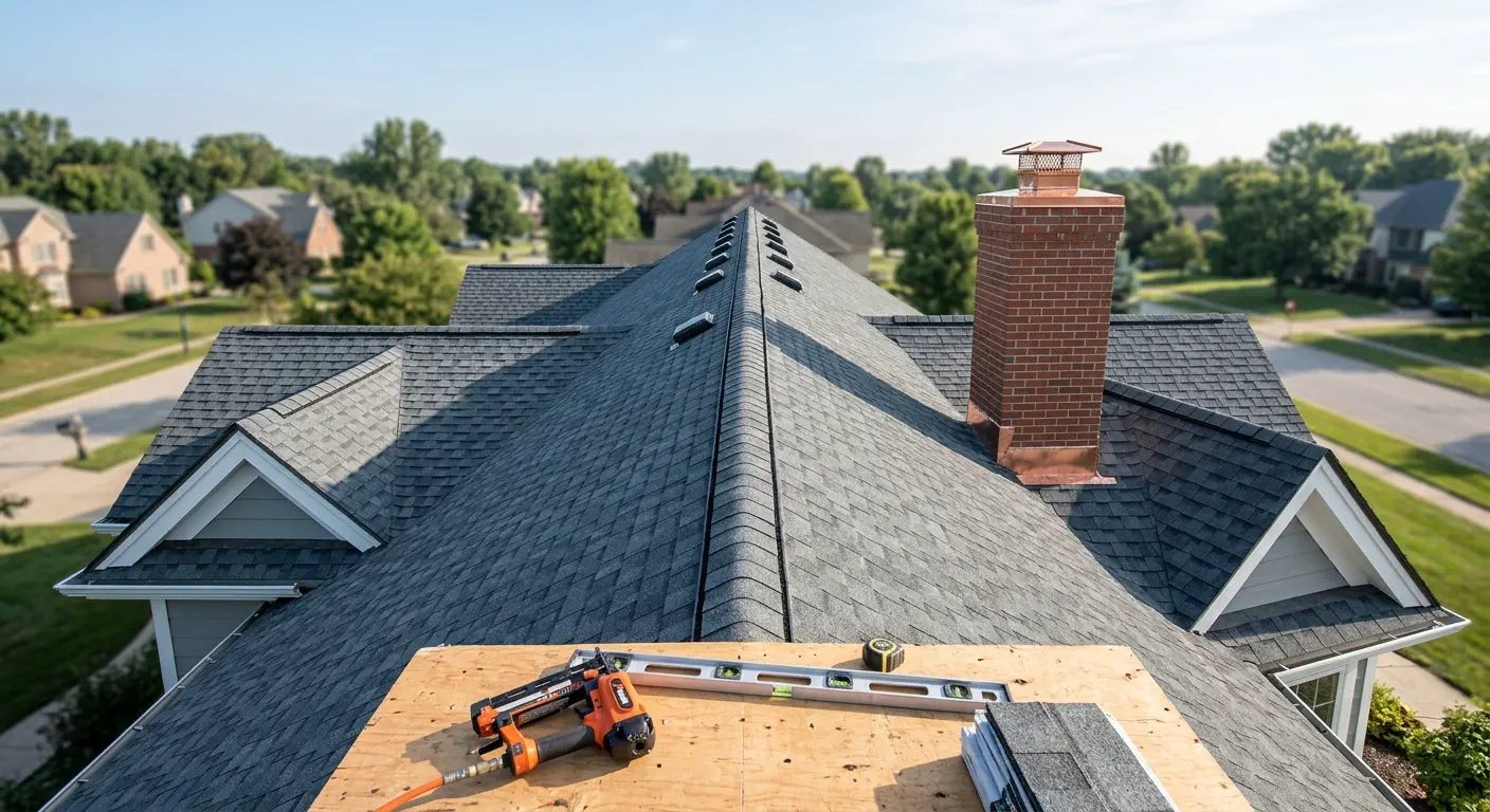 Wide-angle photograph of a newly completed architectural shingle roof on a modern suburban home with clean lines and precise flashing