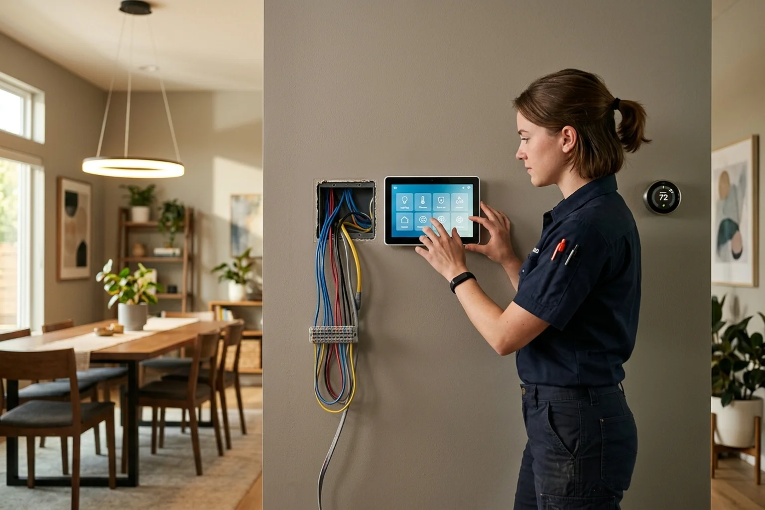 Smart home automation technician installing a wall-mounted control panel in a modern residential setting