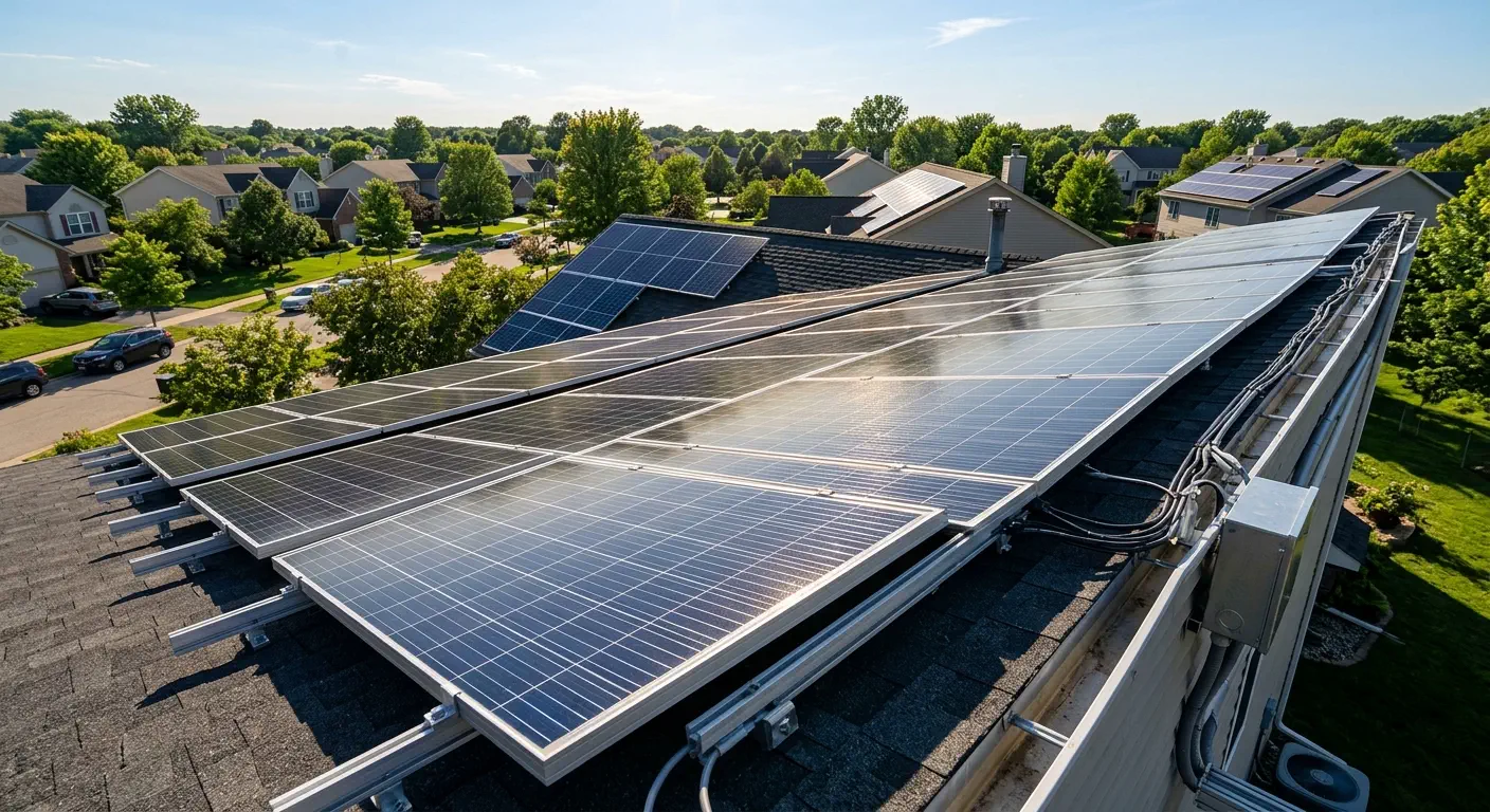 Wide-angle editorial photograph of modern dark blue solar panels installed on a residential rooftop under bright sunlight