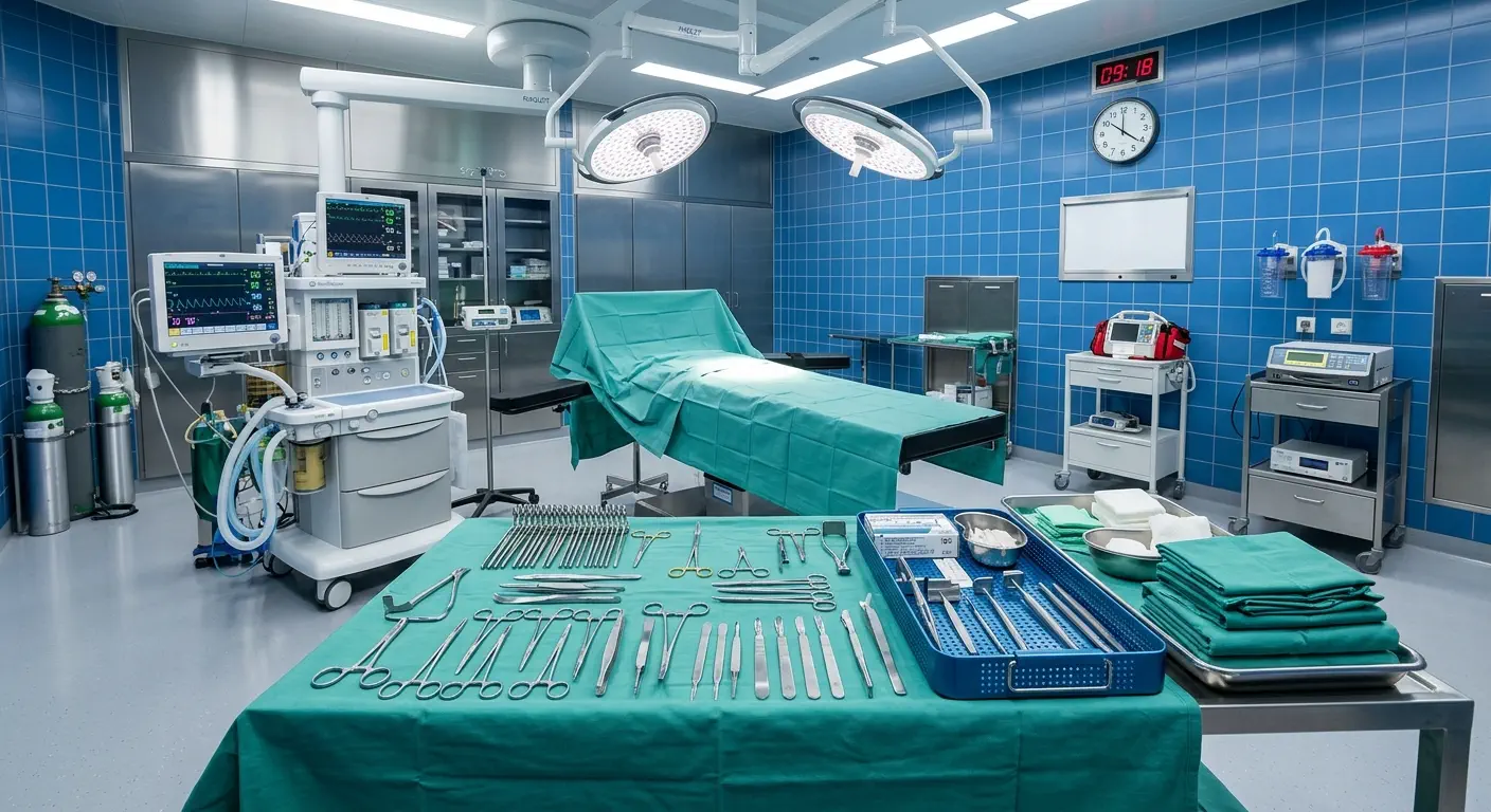 Wide-angle photograph of a sterile operating room with a surgical back table neatly arranged with instruments and a surgical overhead light in the background