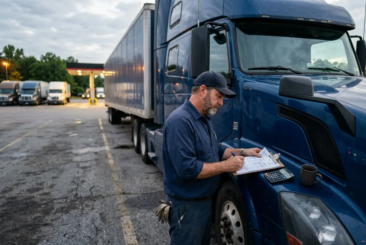 A truck driver reviewing settlement paperwork and a calculator on the hood of a parked semi truck at a truck stop