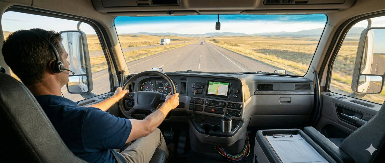 Commercial truck driver in cab of semi truck on open highway