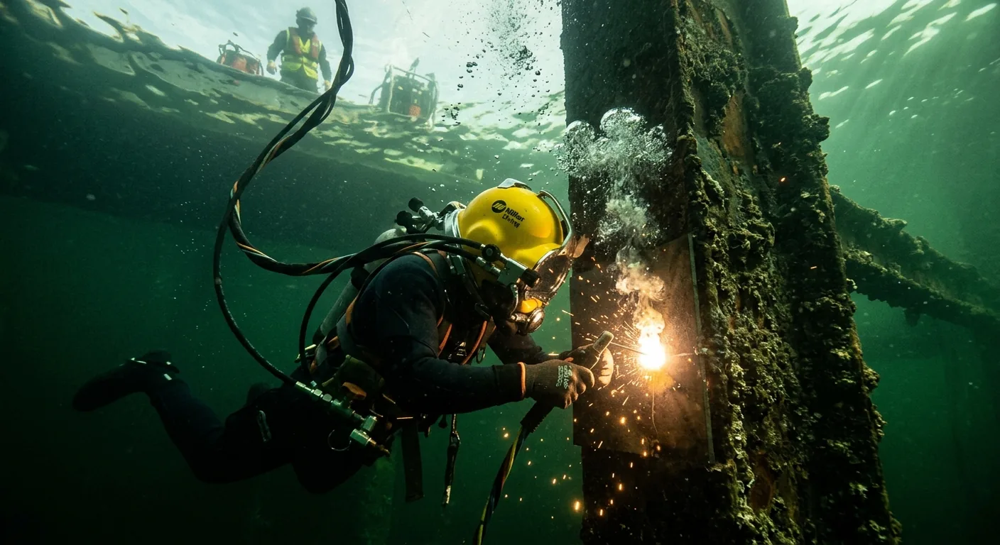 Commercial diver in surface-supplied helmet performing a wet weld on a submerged steel structure, with a tender visible on the dive boat in shallow background