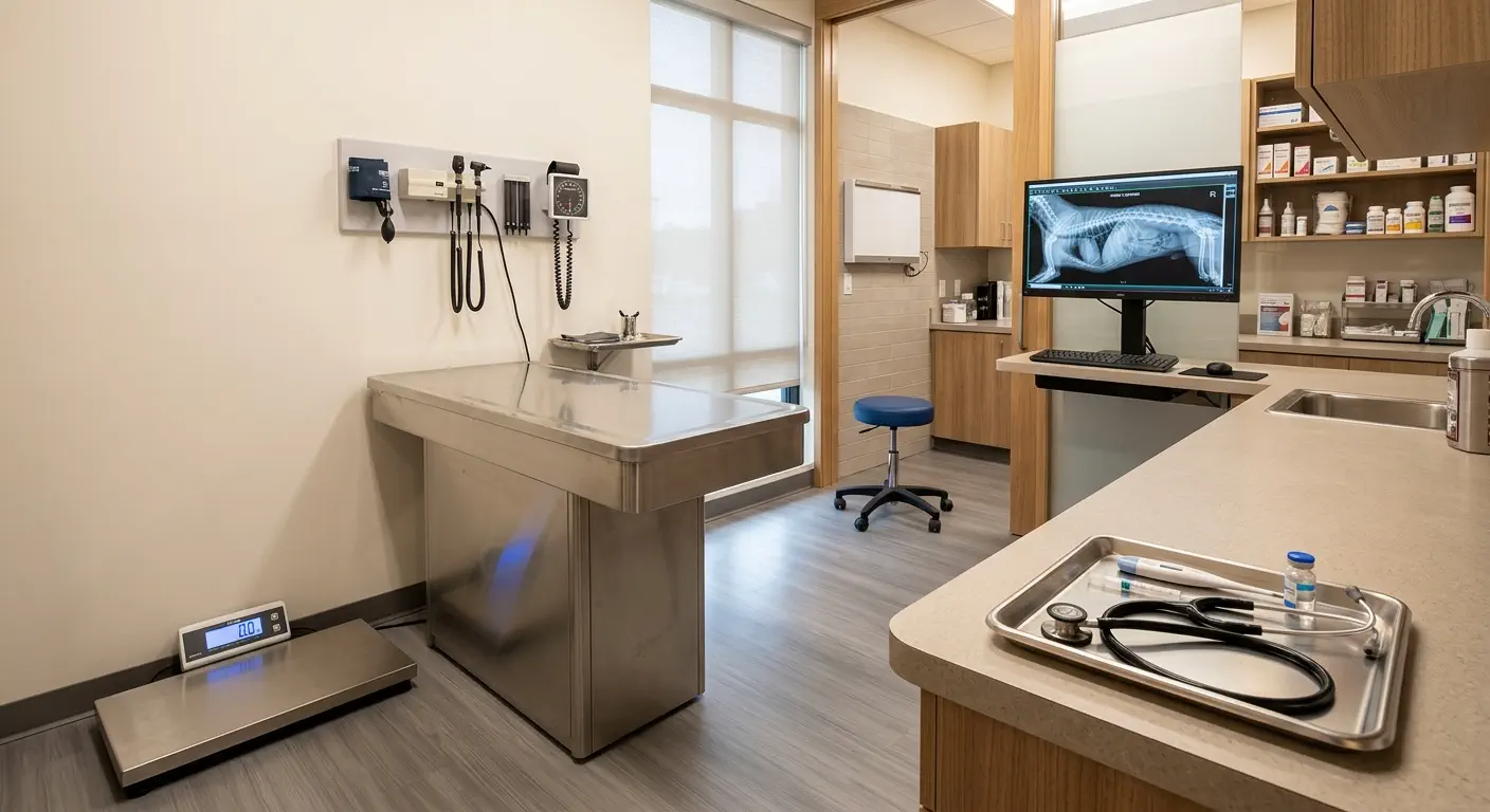Wide-angle photograph of a modern veterinary examination room featuring a diagnostic station, stainless steel exam table, and clinical equipment