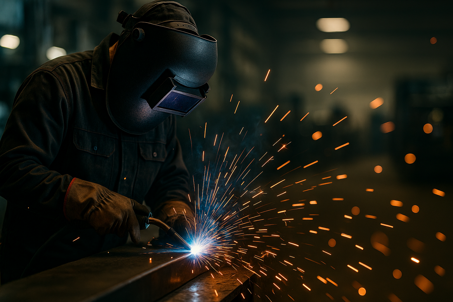 Professional welder working with sparks flying