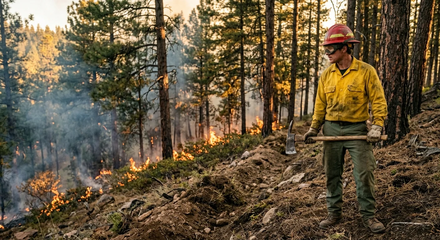 Wildland firefighter in yellow Nomex shirt and hardhat on a hillside fireline holding a Pulaski tool with smoke and flames in the background