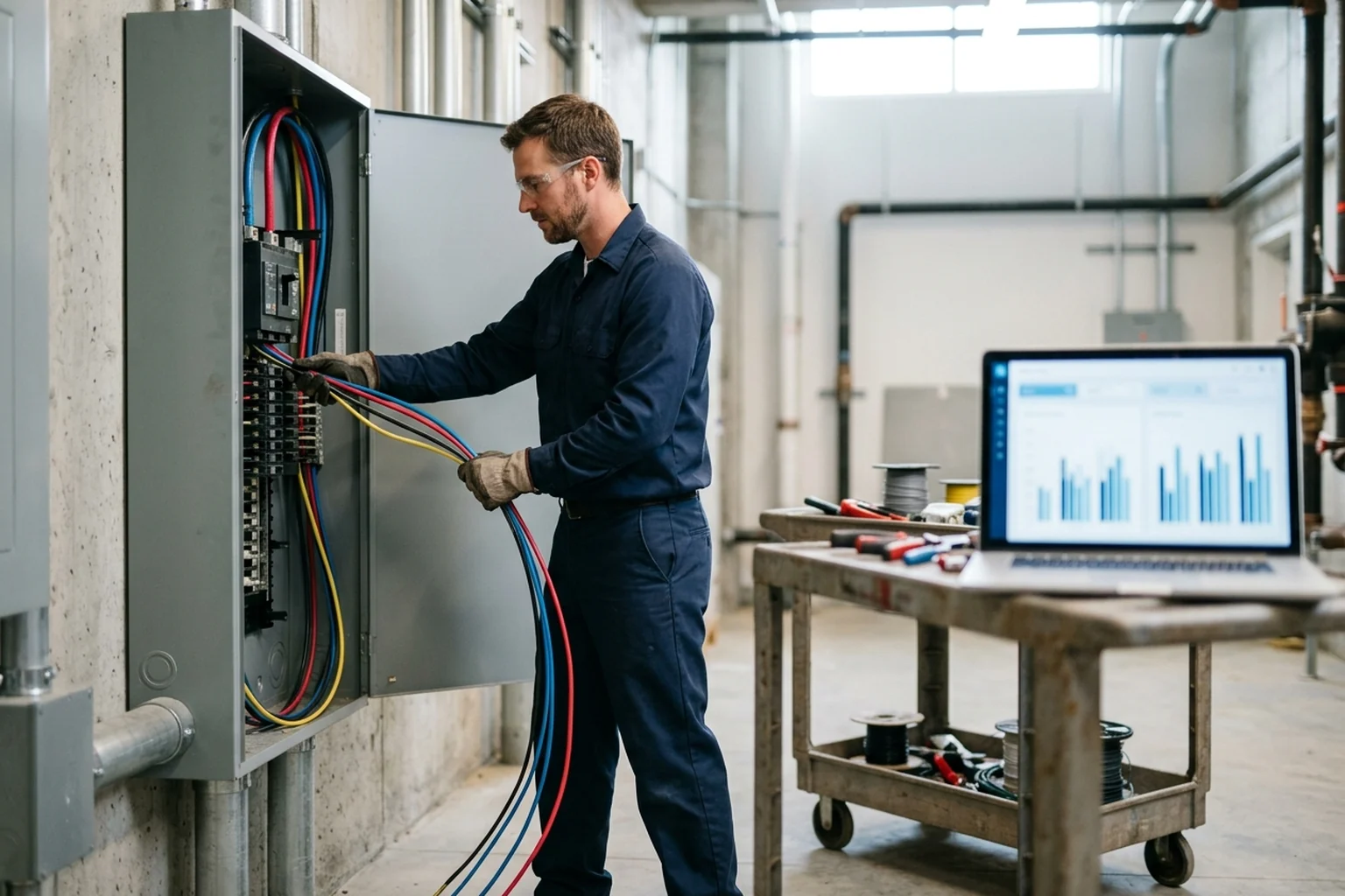 An electrician pulling conductors in a commercial panel while a laptop on a nearby cart displays a data dashboard