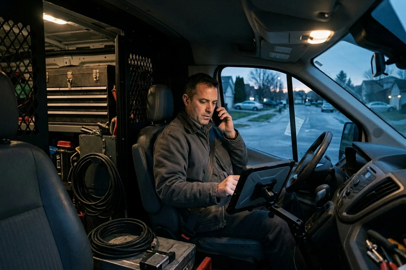 Service technician in a work van reviewing a tablet before the first appointment of the day