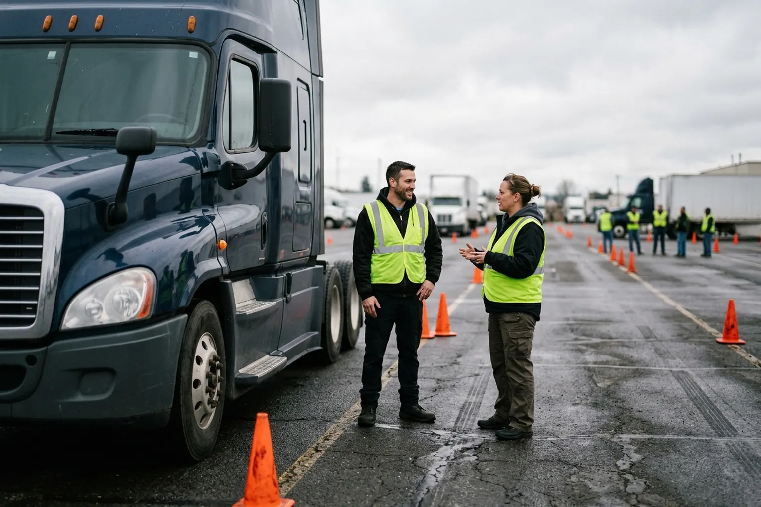 Commercial truck driving students beside a tractor-trailer at a training yard